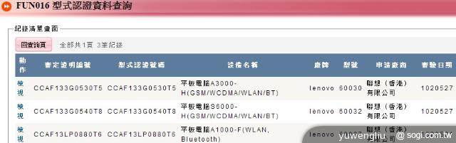 聯想S6000、A3000及A1000三平板現身NCC